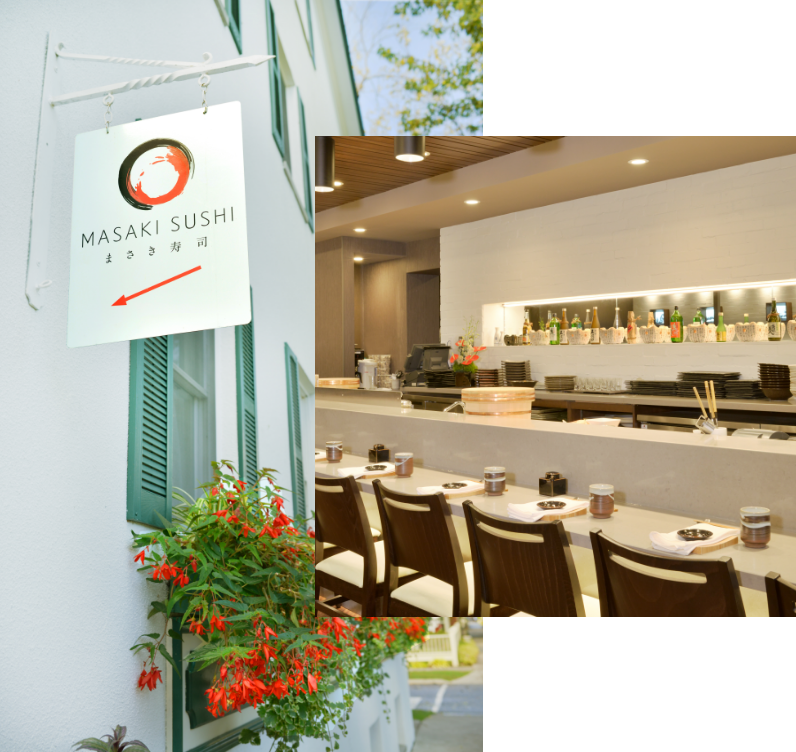 Exterior Masaki Sushi sign and couple eating at bar