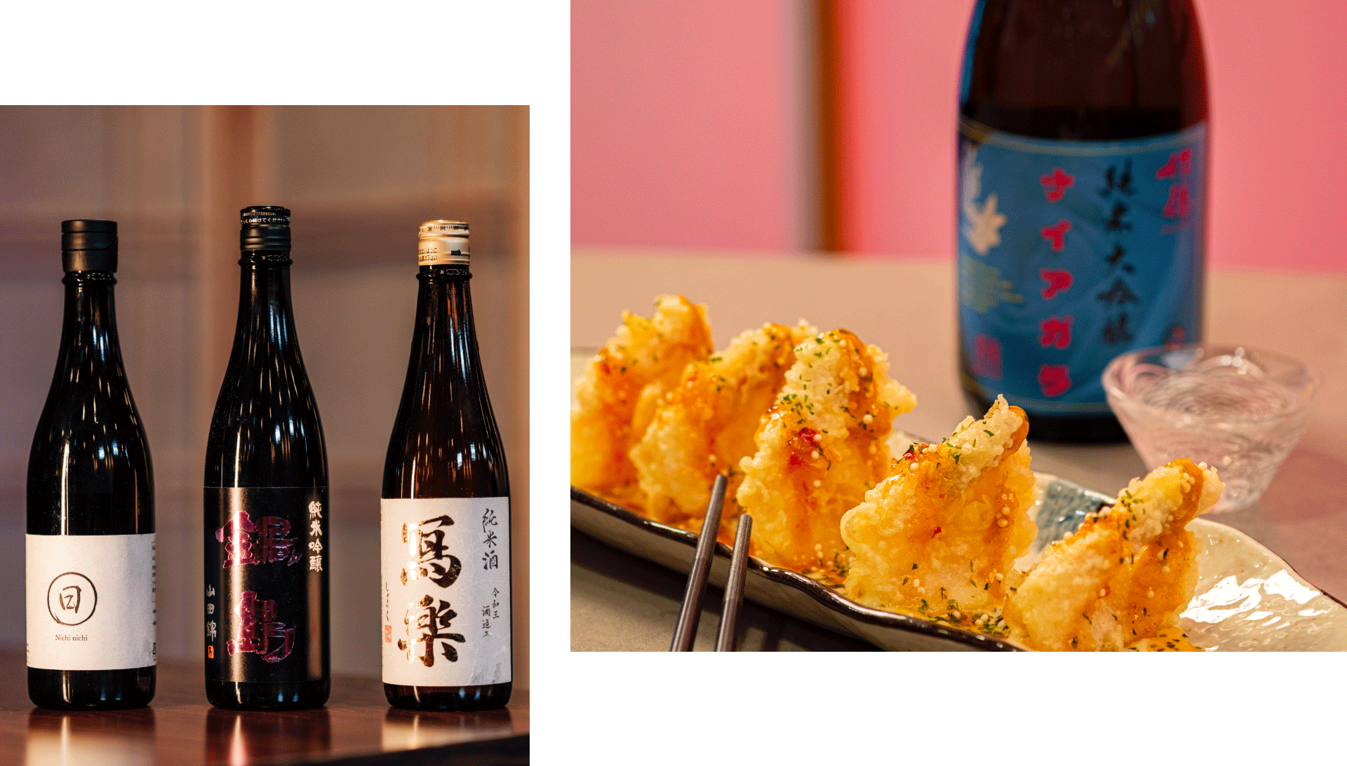 Sake bottles and dish pairings display